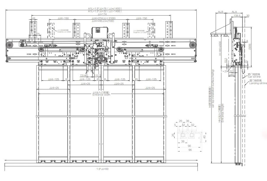 NBSL 09S 4 Panel Center Opening Elevator PMS Door Hanger Installation Drawing Price